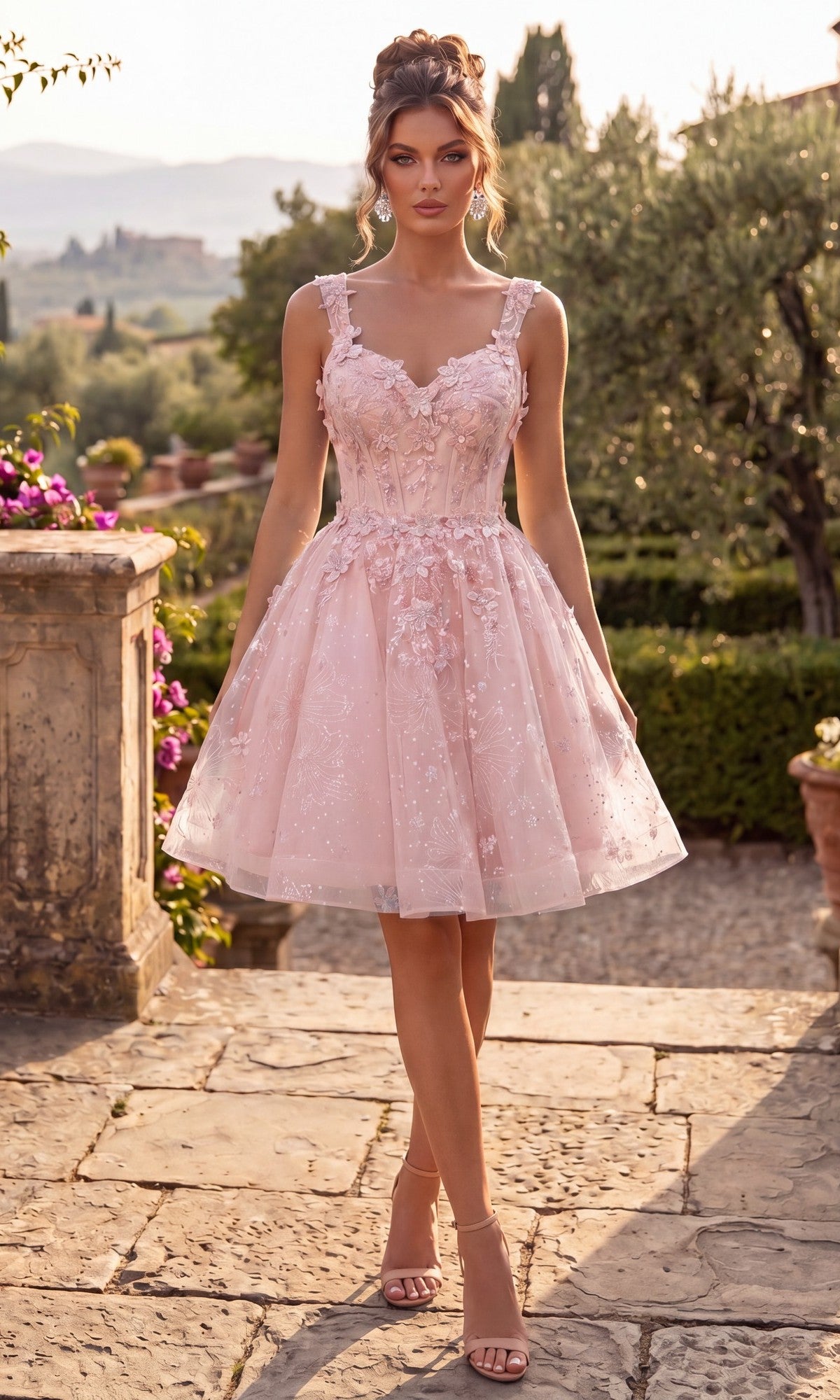 A woman stands on a stone path in a lush garden setting, wearing the Chicas C372 Short Homecoming Dress in blush—a knee-length, sleeveless dress featuring delicate floral details and a flattering fit-and-flare silhouette.